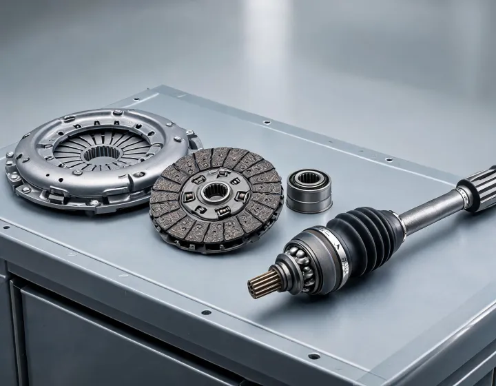 Aisin clutch kit and CV joint axle on transmission workbench